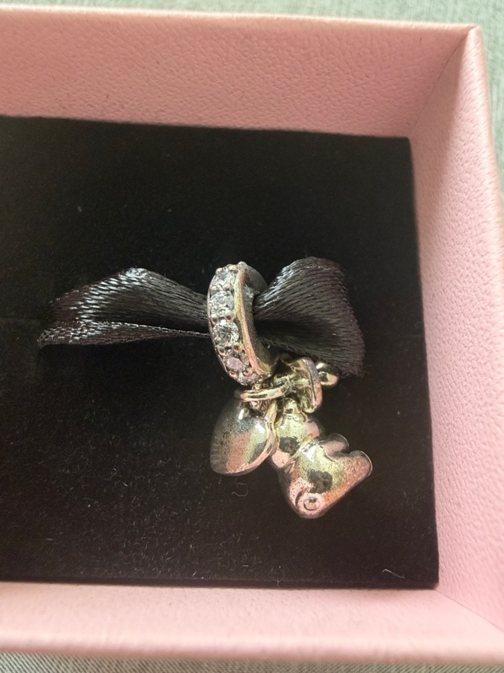 Pandora Silver Teddy Bear Charm with Black Ribbon and Clear Stones